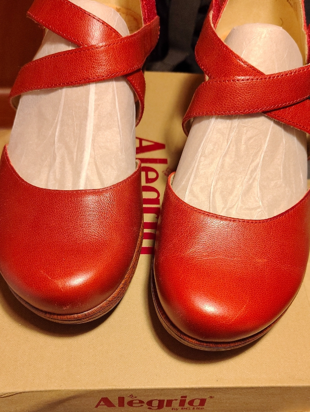 Alegria Red Leather Crisscross Clog Mules
